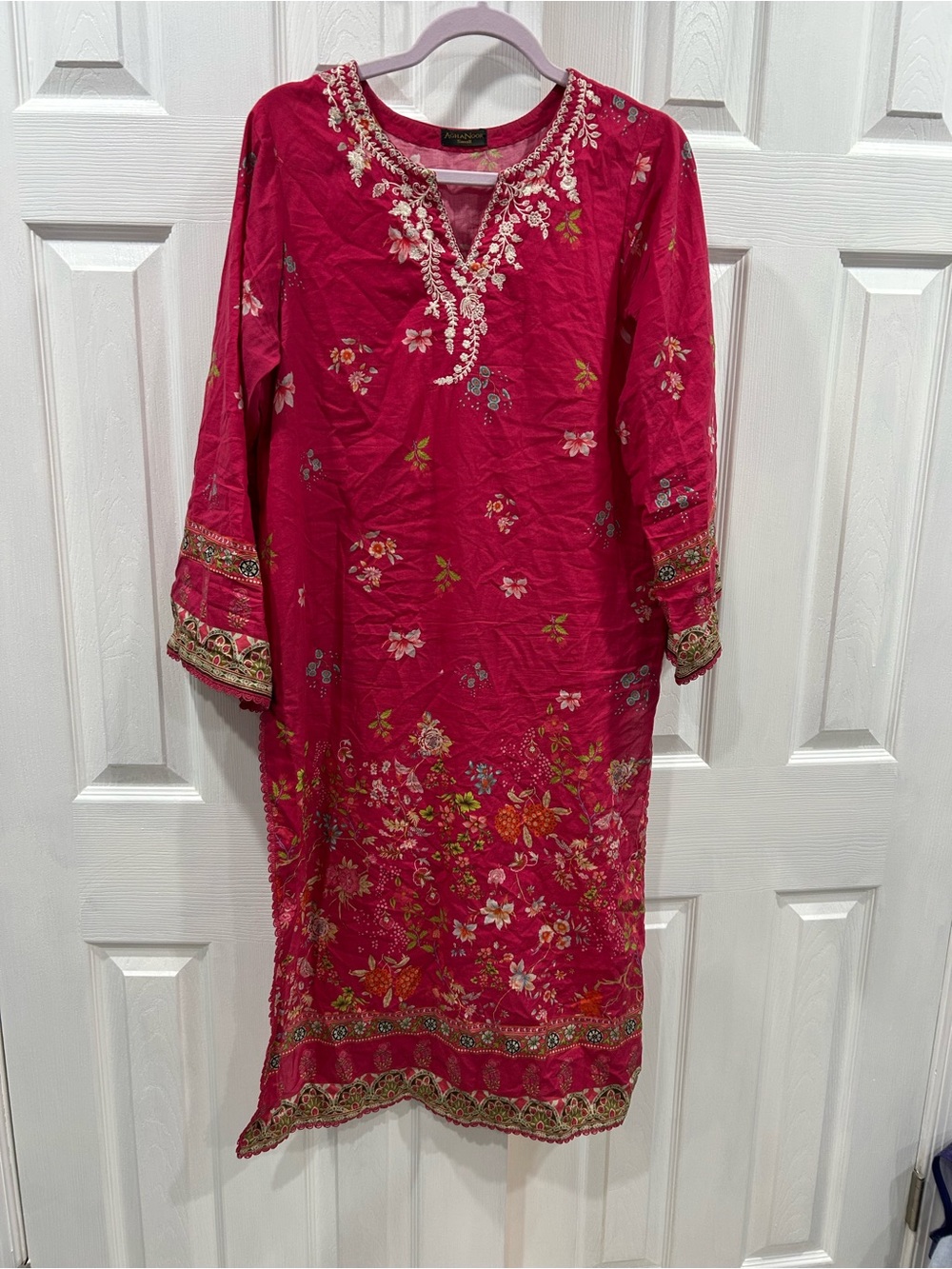 Agha Noor Bright Pink Embroidered Long-Sleeve Women’s Dress